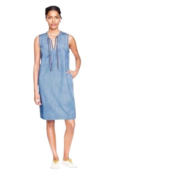 J. Crew Washed Chambray Dress Sleeveless Embroidery Classic Style 00 Hamptons - Picture 2 of 13